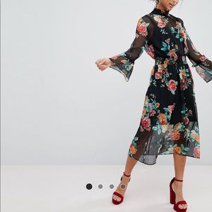 High neck floral print midi dress